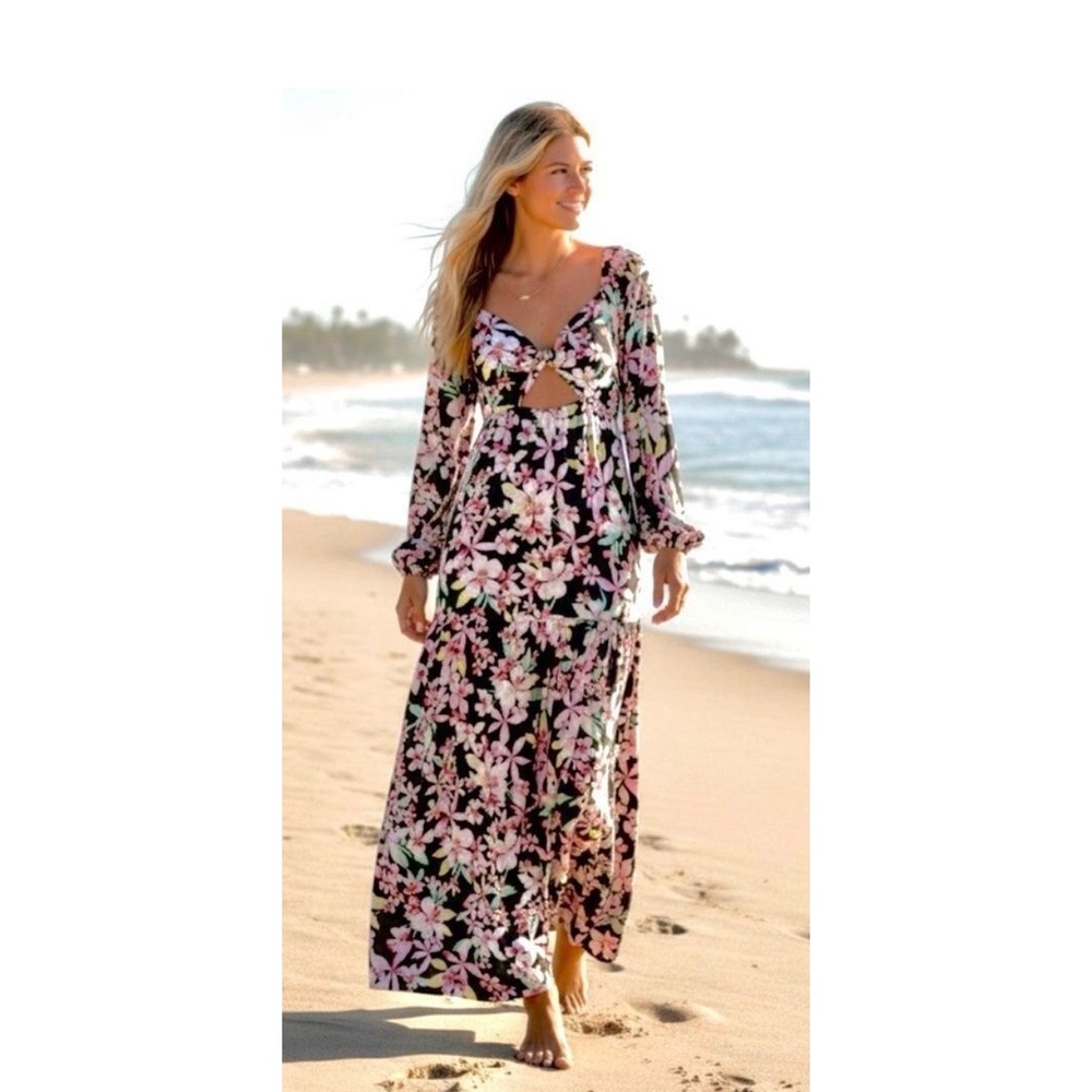 Roxy On Holiday Maxi Dress Small Black Floral Smocked Long Sleeve ARJWD03539 NWT